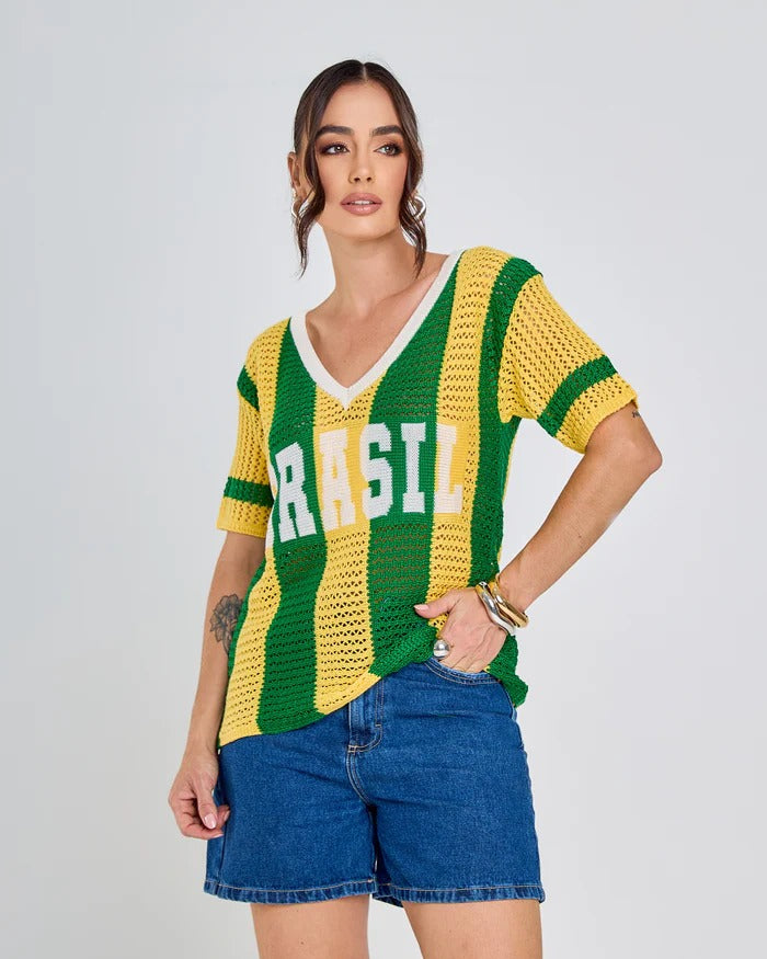 Blusa Tricot Manga Curta Listrada Verde e Amarelo Brasil Copa 2026