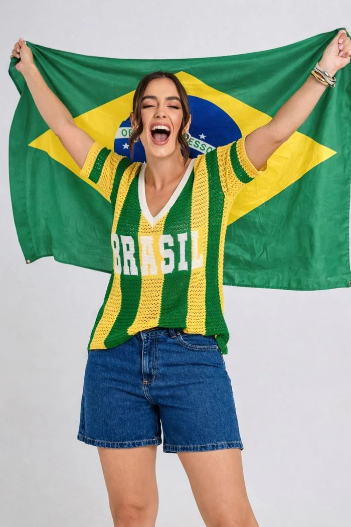 Blusa Tricot Manga Curta Listrada Verde e Amarelo Brasil Copa 2026