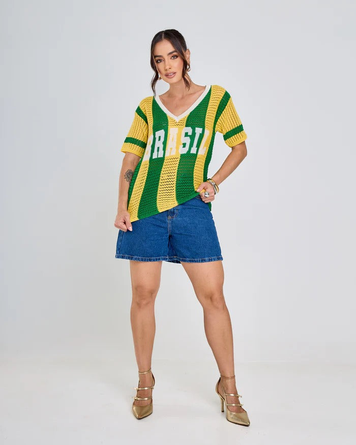 Blusa Tricot Manga Curta Listrada Verde e Amarelo Brasil Copa 2026