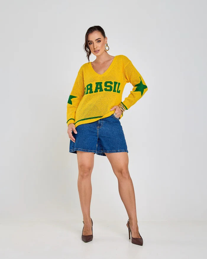 Blusa Tricot Brasil Manga Cumprida