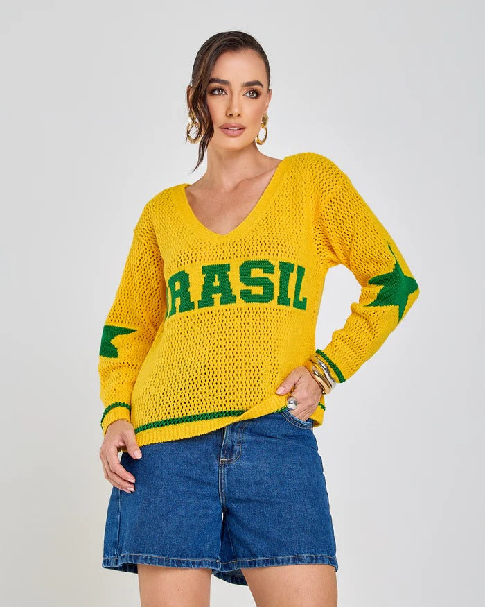 Blusa Tricot Brasil Manga Cumprida
